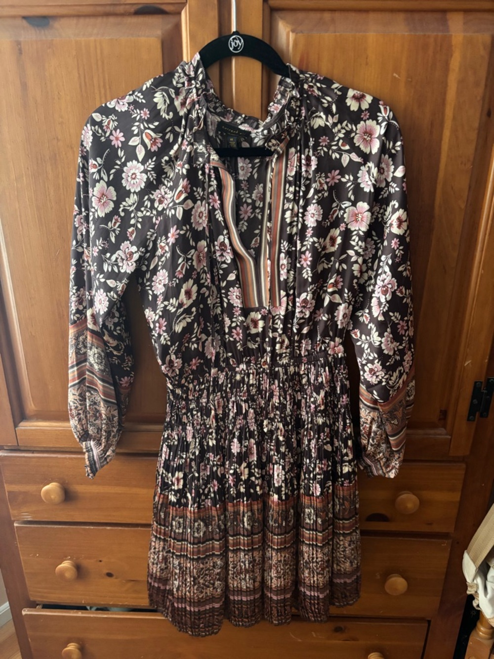 Anthropologie Floral Long Sleeve Smocked Waist Dress - Brown Pink Cream